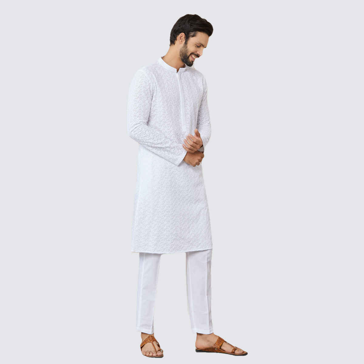 See Designs Men's Embroidered Chikankari Pure Cotton Straight Kurta | White - XL