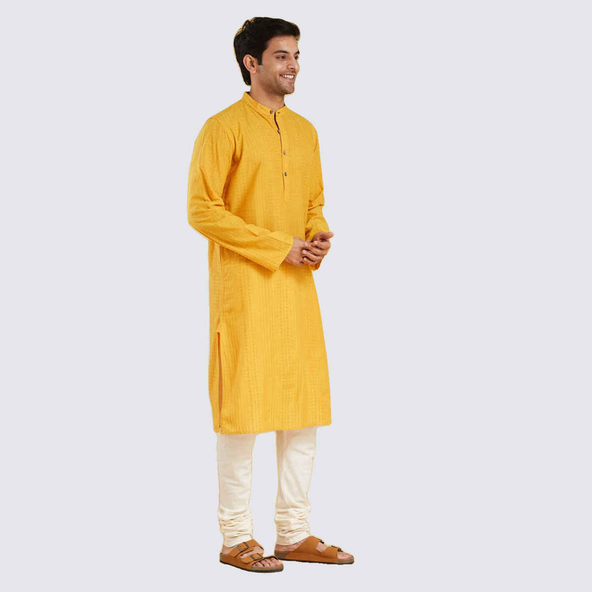 Fabindia Men's Cotton Slim Fit Long Kurta | Yellow - S
