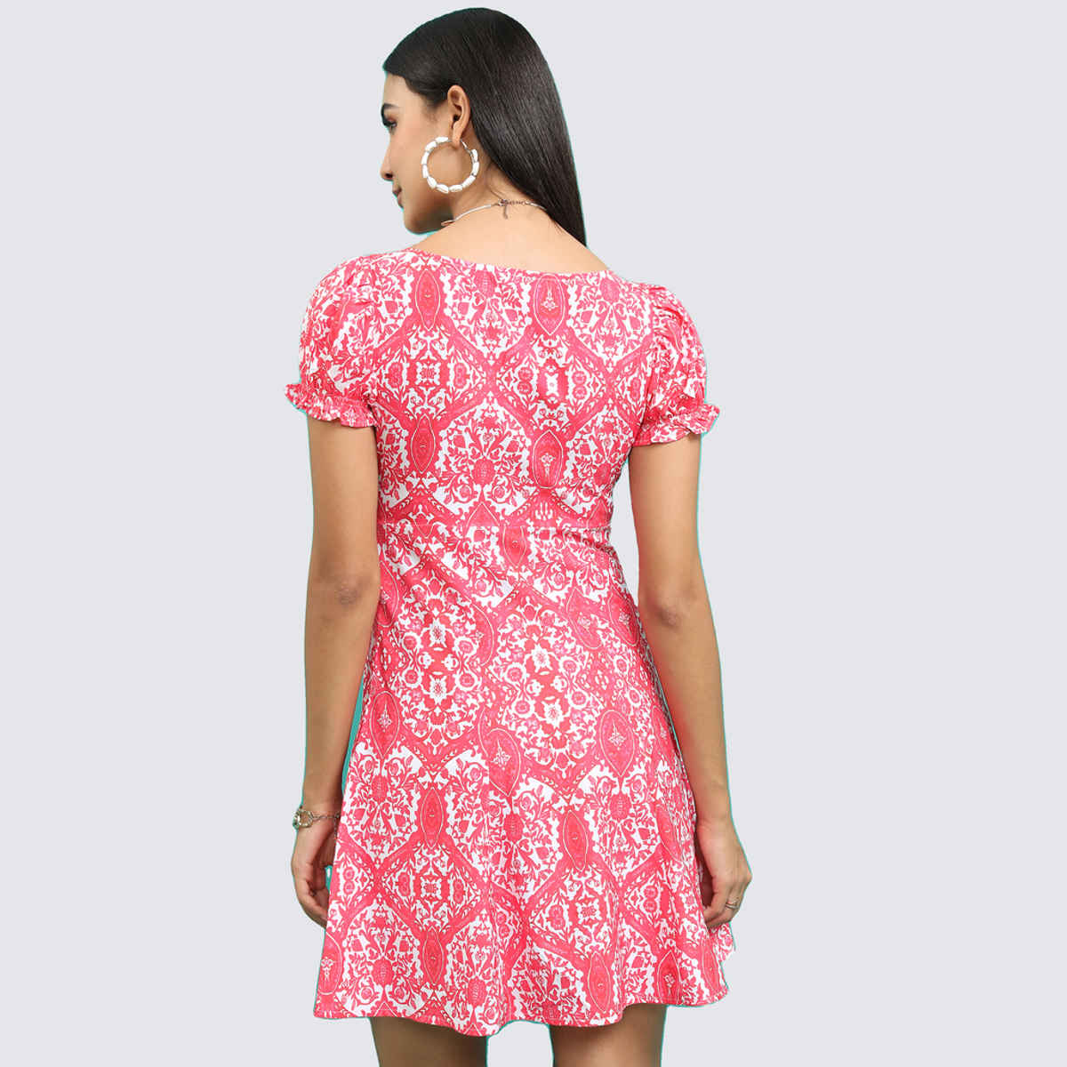 Tokyo Talkies Women's Ethnic Motifs Printed V - Neck Puff Sleeves A - Line Dress| Fuschia - S