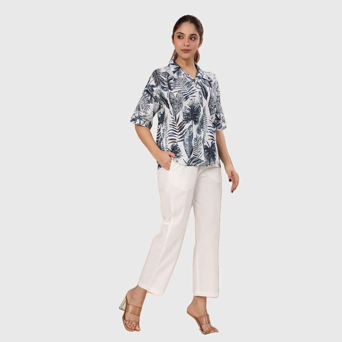 Sanskrutihomes Floral Printed Pure Cotton Night Suit | Blue - White | L