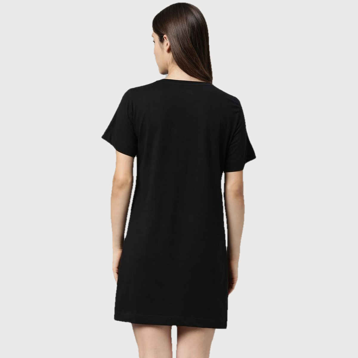 Enamor Women's E061 Crew Neck Cotton Tunic Tee|Side Slits | Jet Black W/Believe-M