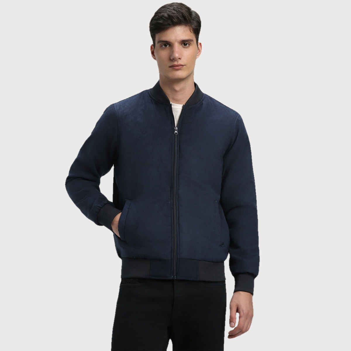 Dennis Lingo Men's Rib Collar Regular Fit Solid Navy Suede Bomber Jacket | Dlmjkw23030 - Nv | XL