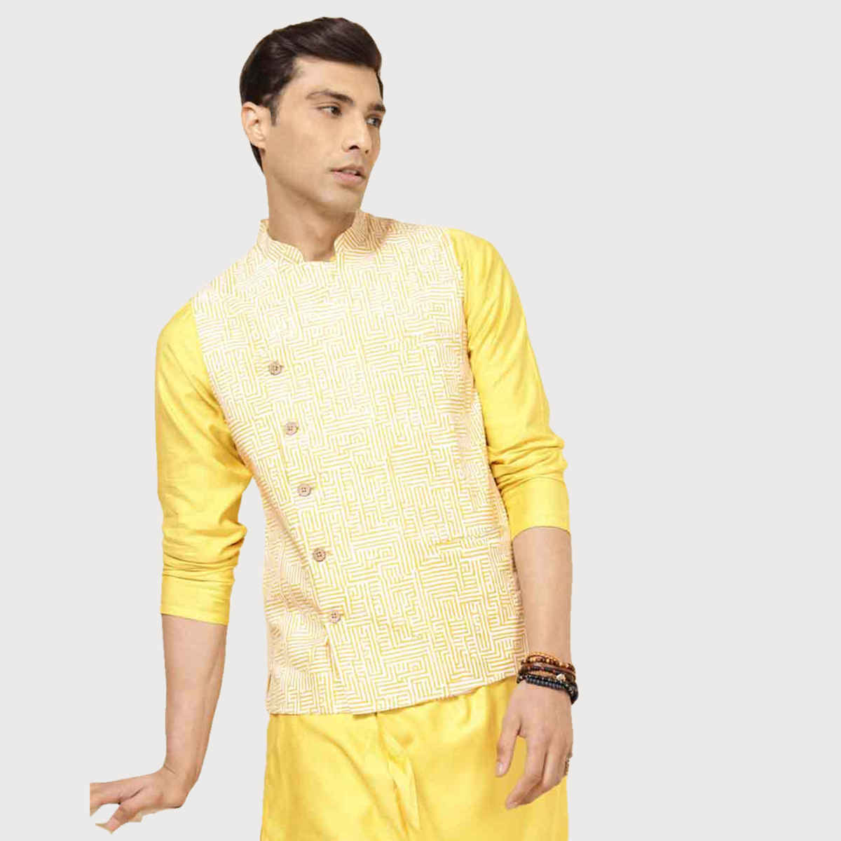 Fabindia Men's Nehru Jacket Printed Slim Fit | Yellow - L