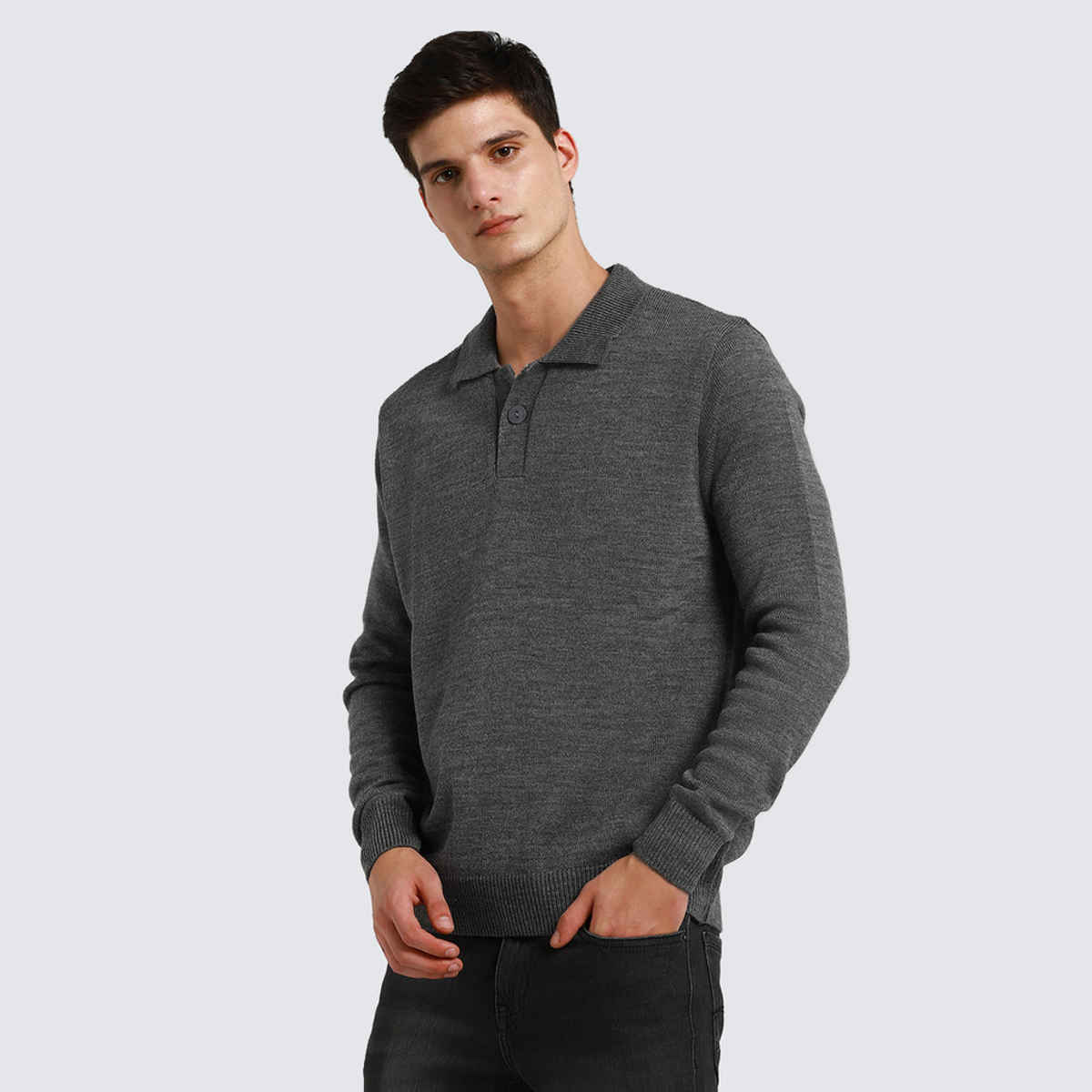 Dennis Lingo Men's Collar Regular Fit Solid Sweater | Mid Grey Melange | S