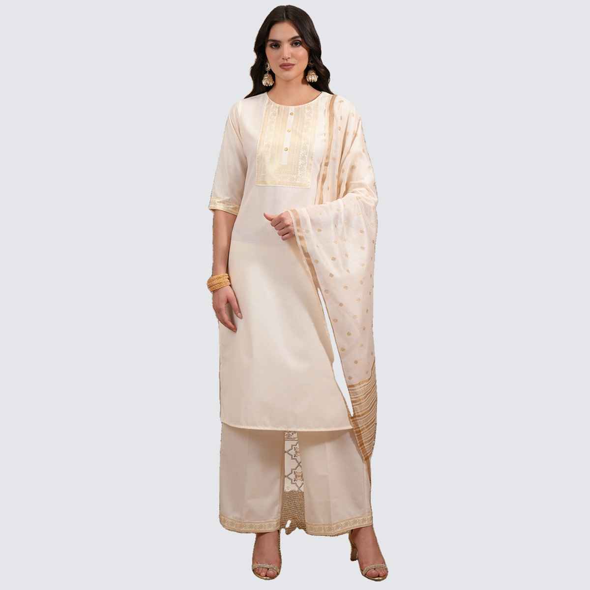 Vishudh Women's Foil Print Straight Kurta with Cropped Palazzo with Dupatta | PVK3000037 | Cream -M