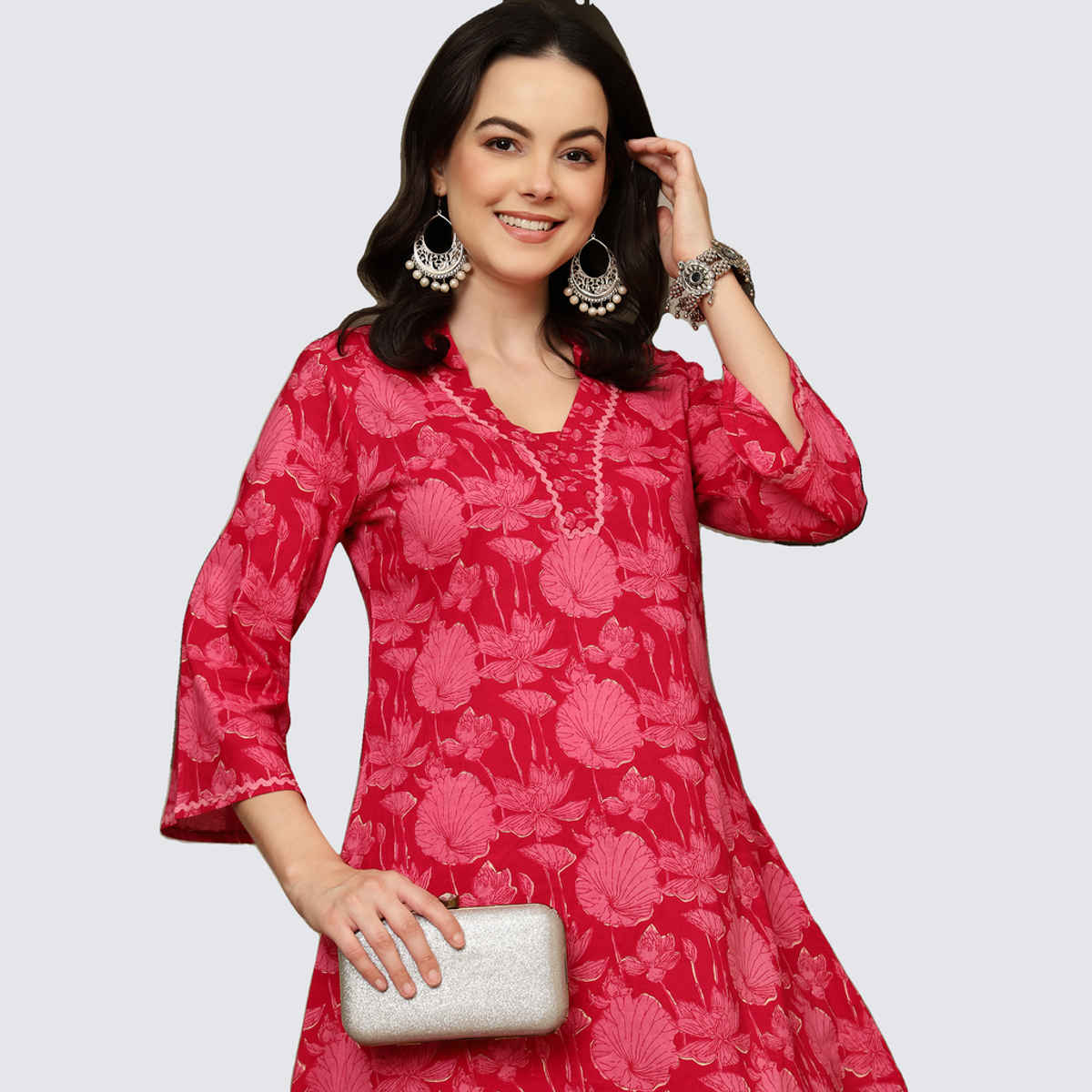 Bandia Women's Floral Printed Lace Embellished Co-Ords Set | Red - L