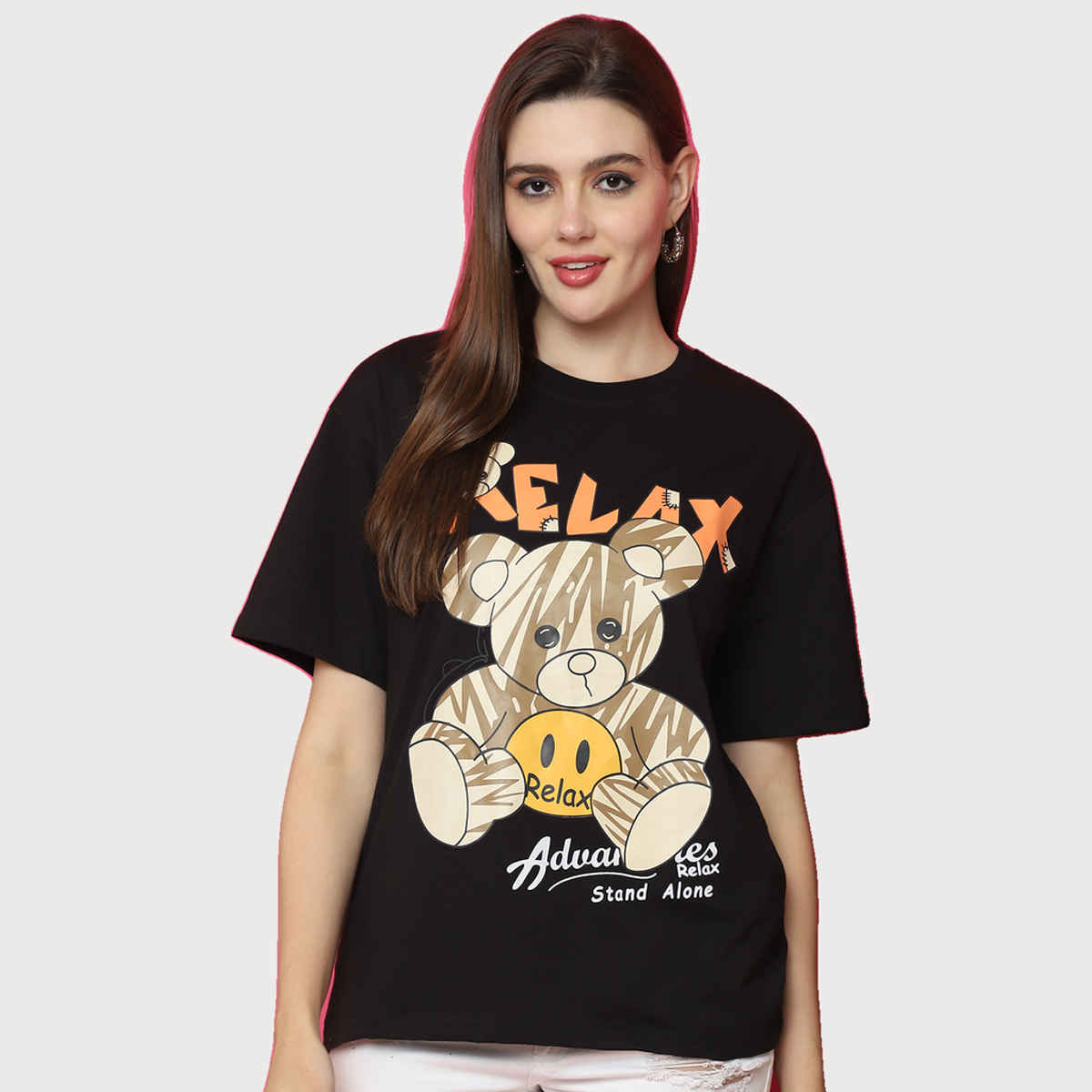 Fabflee Women Oversize Cotton Printed Round Neck Tshirt | Black | FAB-OS-520 | S
