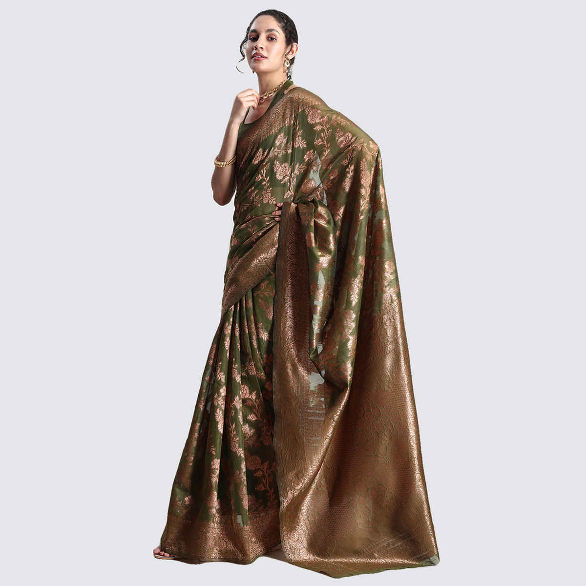 Janasya Women's Silk Blend Floral Woven Design Jacquard Saree with Blouse Piece | SAR609 | Green