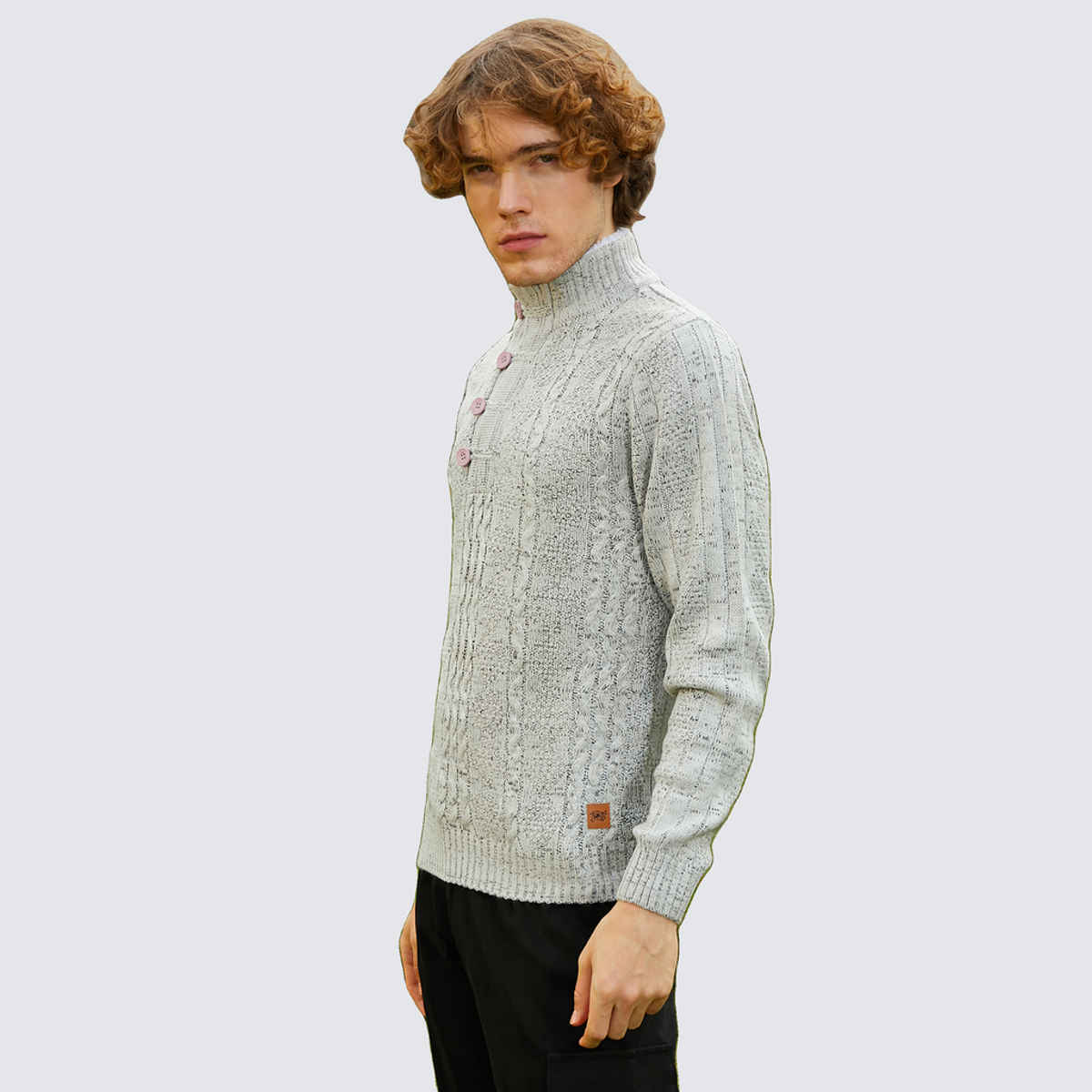 Campus Sutra Men's Heathered Cable Knit Sweater | Grey - M