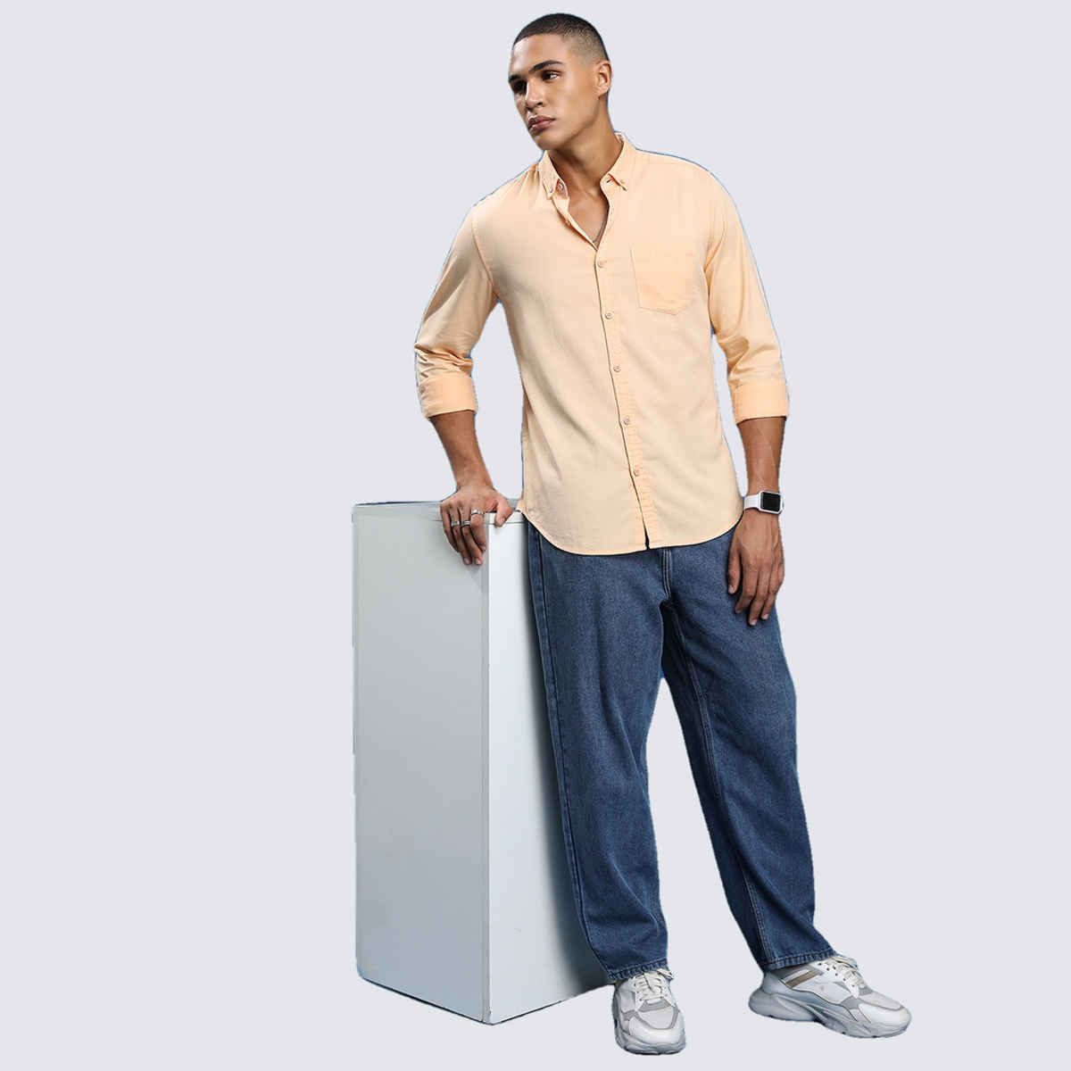 Highlander Men's Slim Fit Button-Down Collar Cotton Casual Shirt | Peach | L