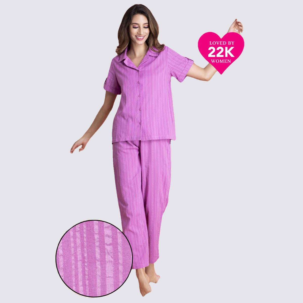 Clovia Sassy Stripes Cotton Button|Down Shirt and Pyjama Nightsuit | Purple | L