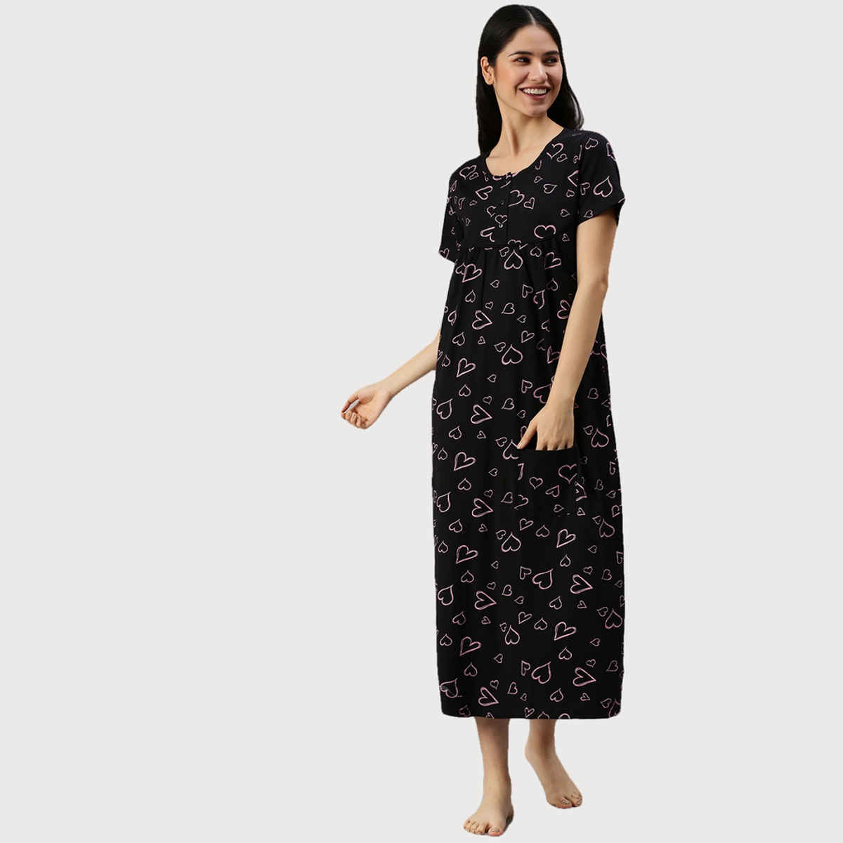 Kryptic Women Printed Pure Cotton Maxi Nightdress | Black - XL