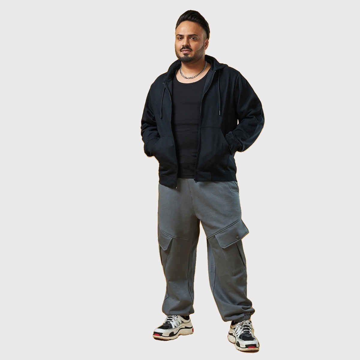 Bewakoof Men's Super Loose Fit Plus Size Cargo Joggers | Grey - 3XL