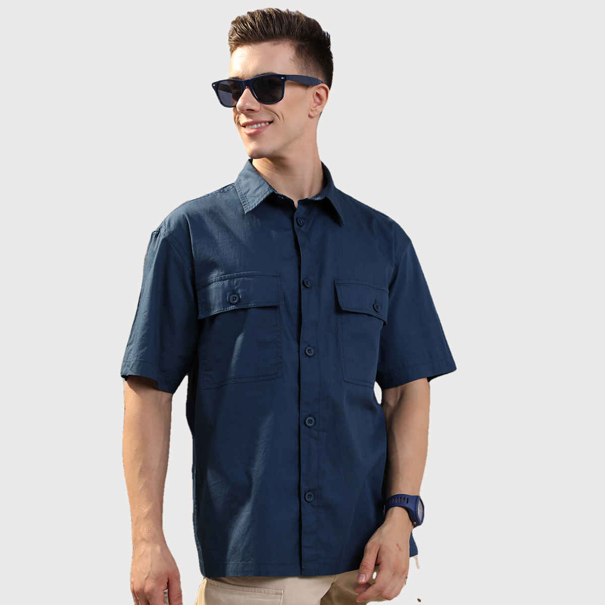 HIGHLANDER Men's Blue Drop Shoulder Boxy Oversized Fit Shirt | Blue - M