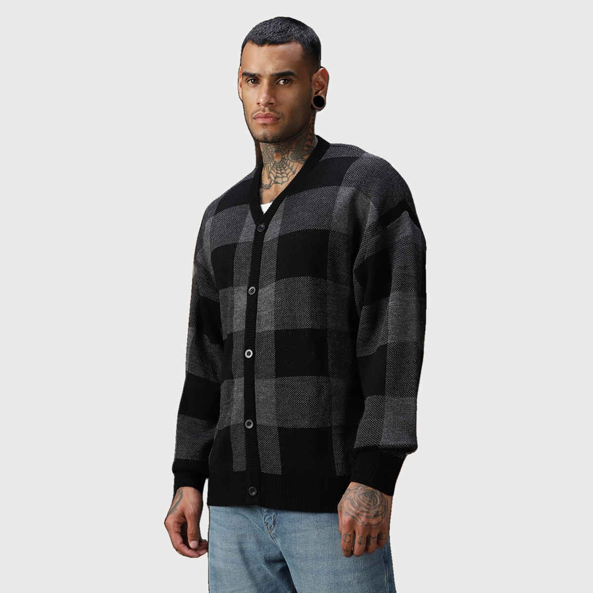 High Star Men's Checked Oversized Fit Cardigan Sweater | Grey - M