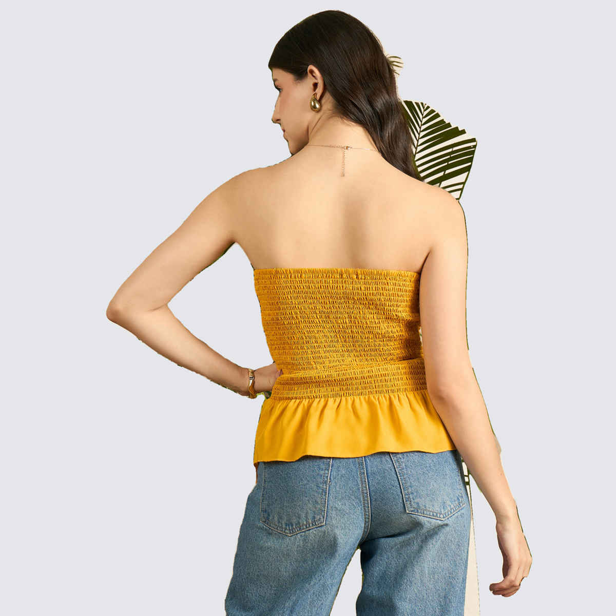 Uptownie Women's Smocked Bandeau Asymmetrical Top | Mustard Yellow - M
