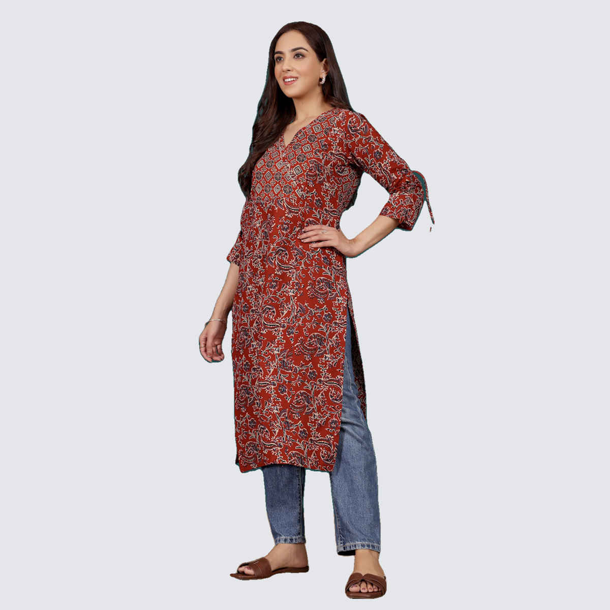 Varanga Women's Ethnic Jaipuri Printed V-Neck Fashion Sleeve Straight Kurta | Maroon - M