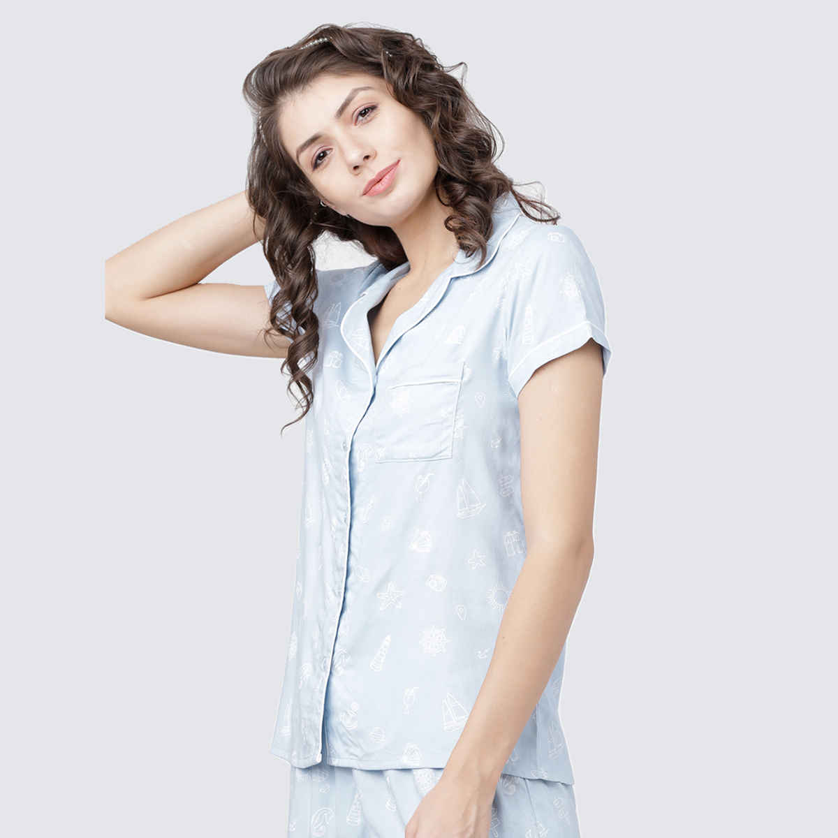 Tokyo Talkies Women's Printed Lounge Shirt | Light Blue and White - M