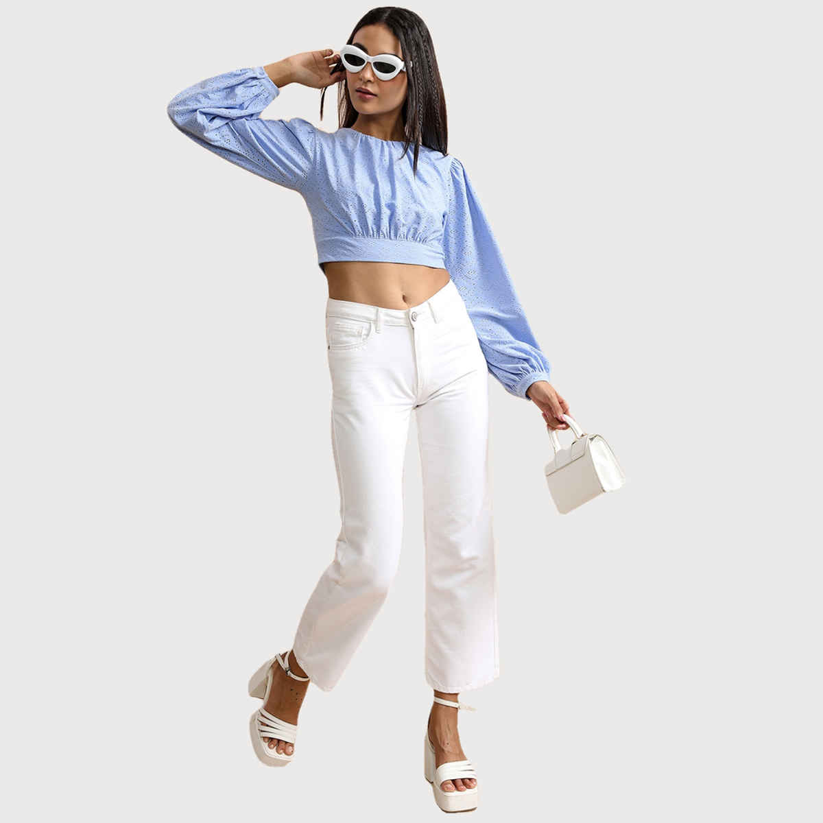 Ketch Women's Self Design Round Neck Crop Top | Blue - S