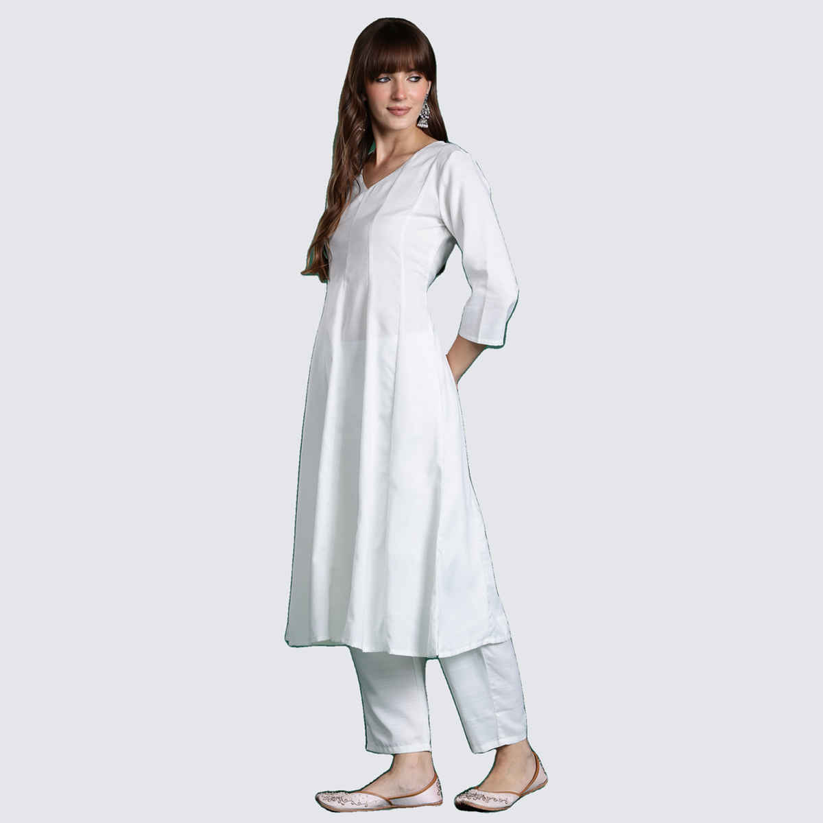 INDO ERA Women's Solid Anarkali Kurta Trouser with Dupatta Set | White - L