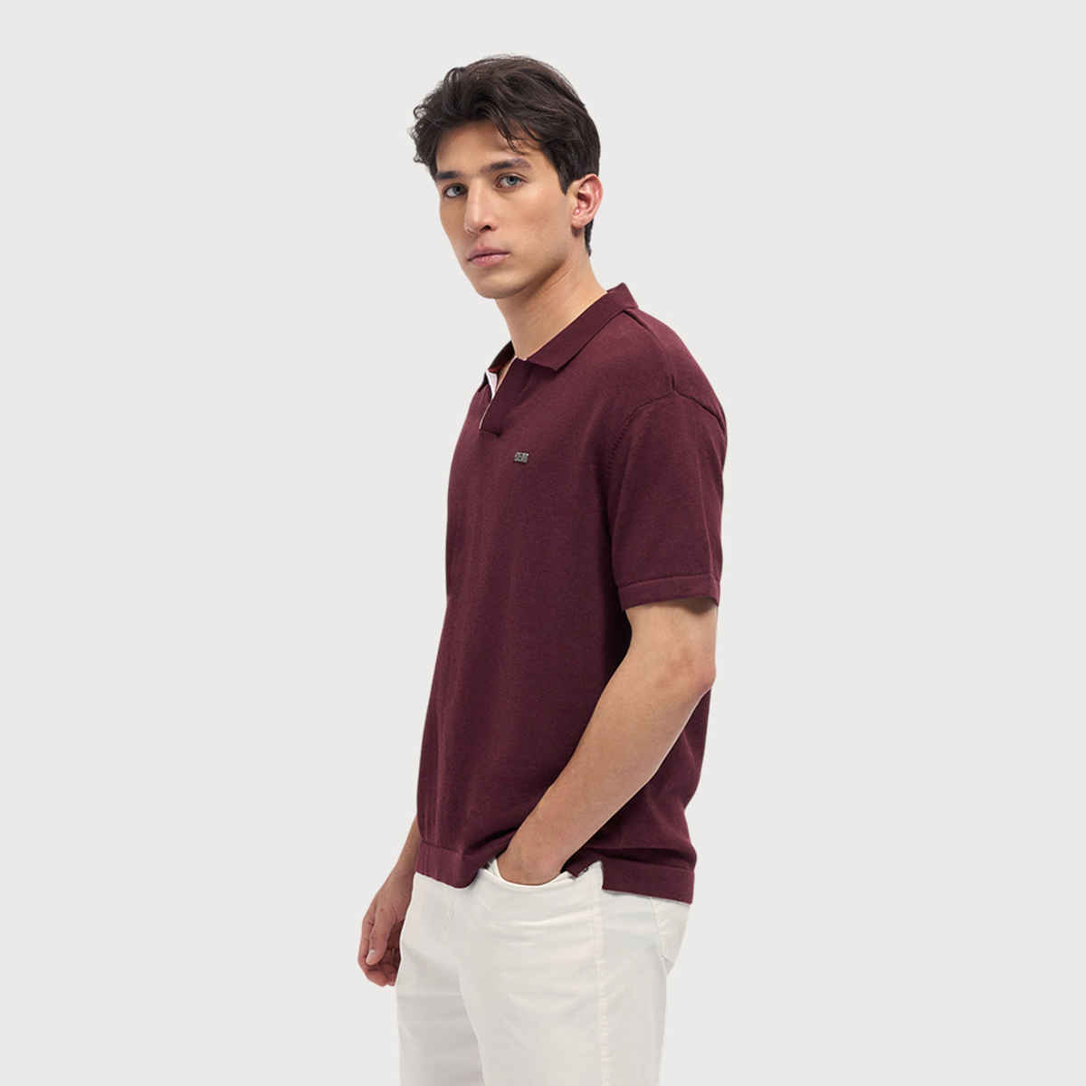 The Bear House Men's Solid Relaxed Fit Polo with BEAR Badge Detail | Maroon - M