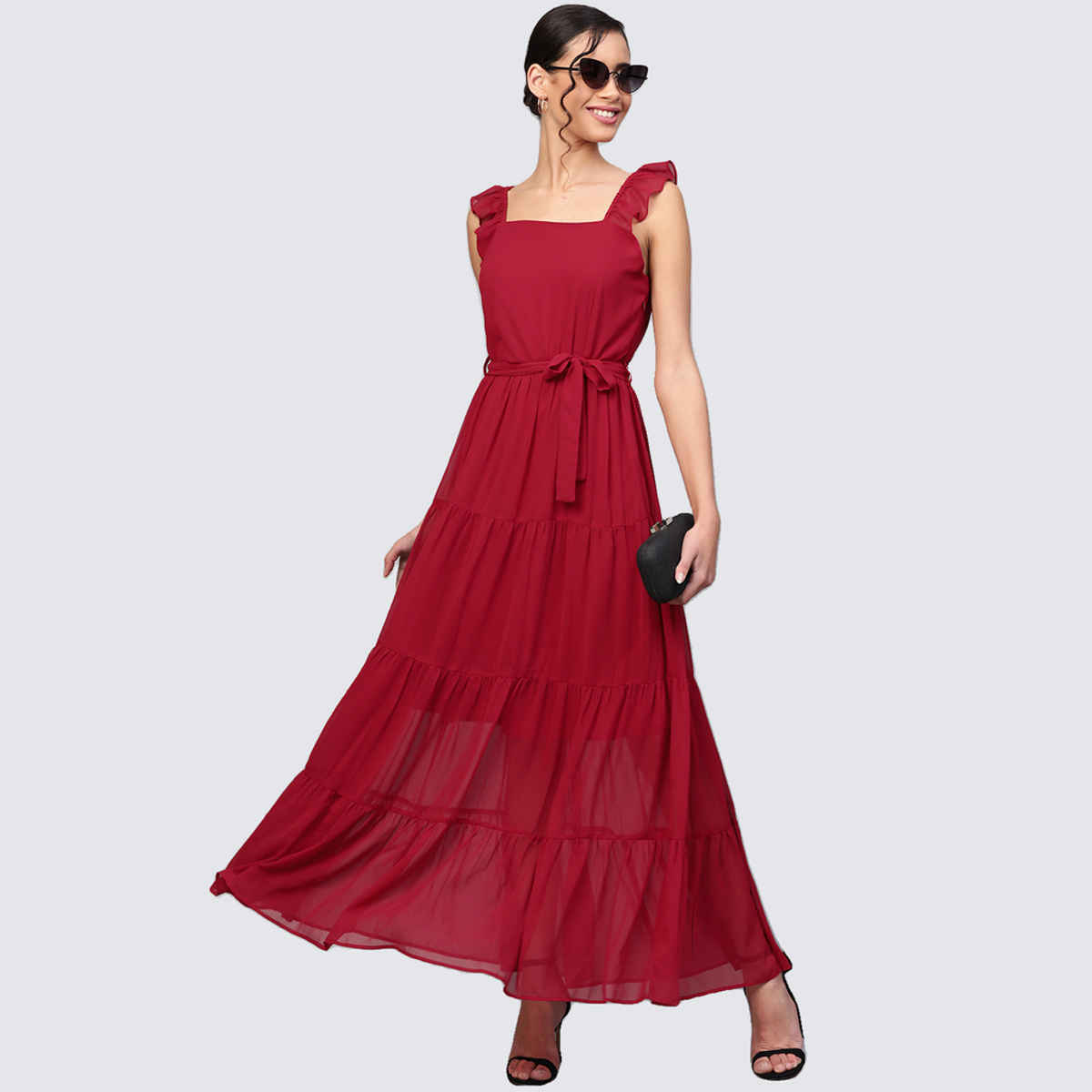 SASSAFRAS Women's Strappy Frill Tiered Maxi Dress | Red - S