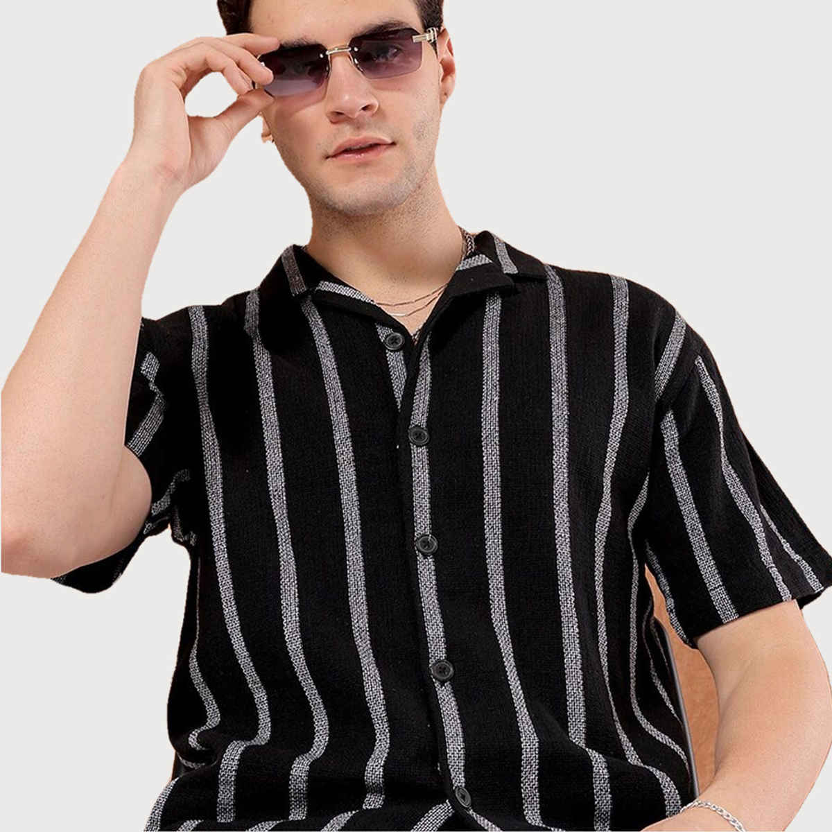The Indian Garage Co Men's Relaxed Fit Striped Resort Half Sleeve Shirt | Black - XL