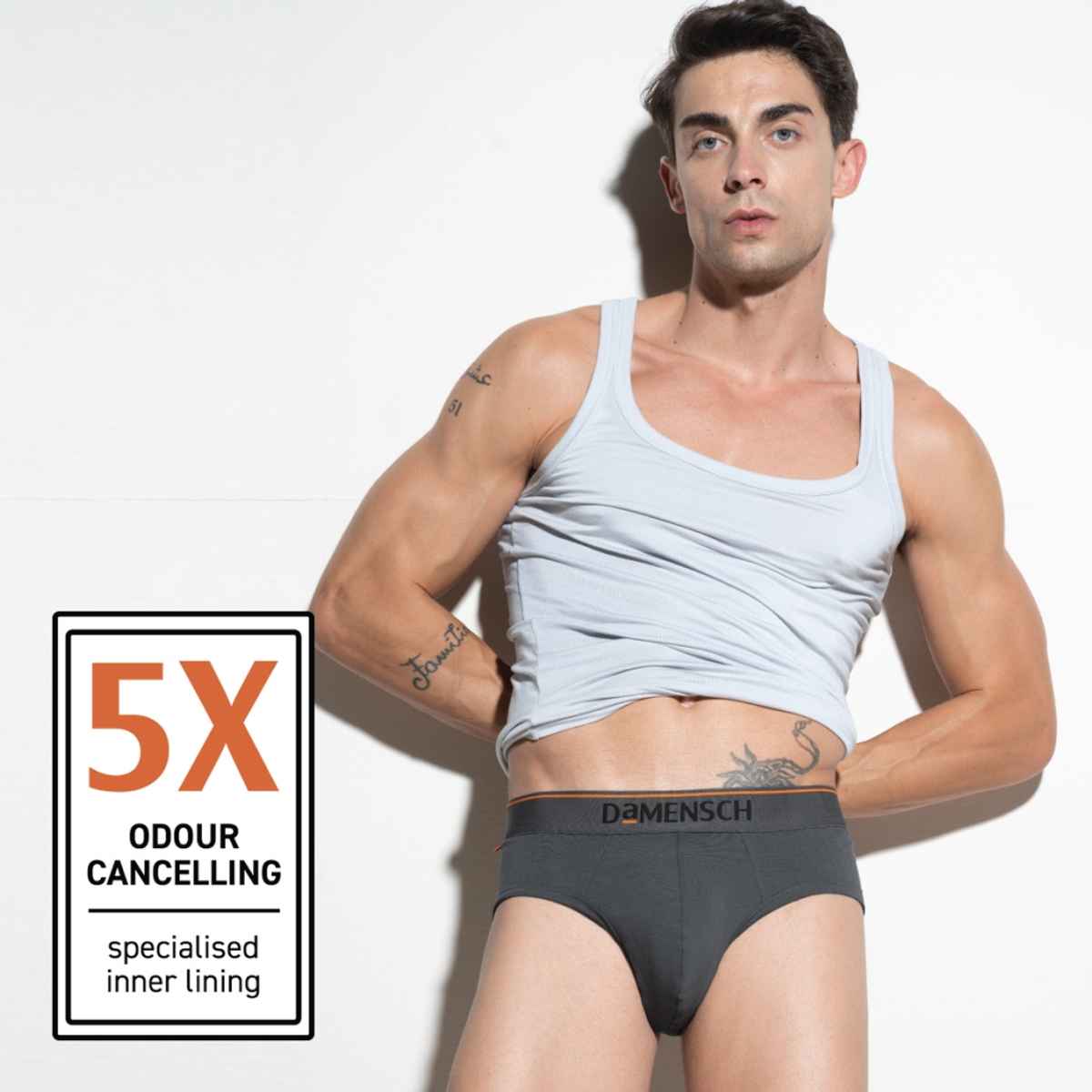 DaMENSCH Men's Brief | Basic Solid, Deo Cotton | Black Knight and Charcoal Dust - M