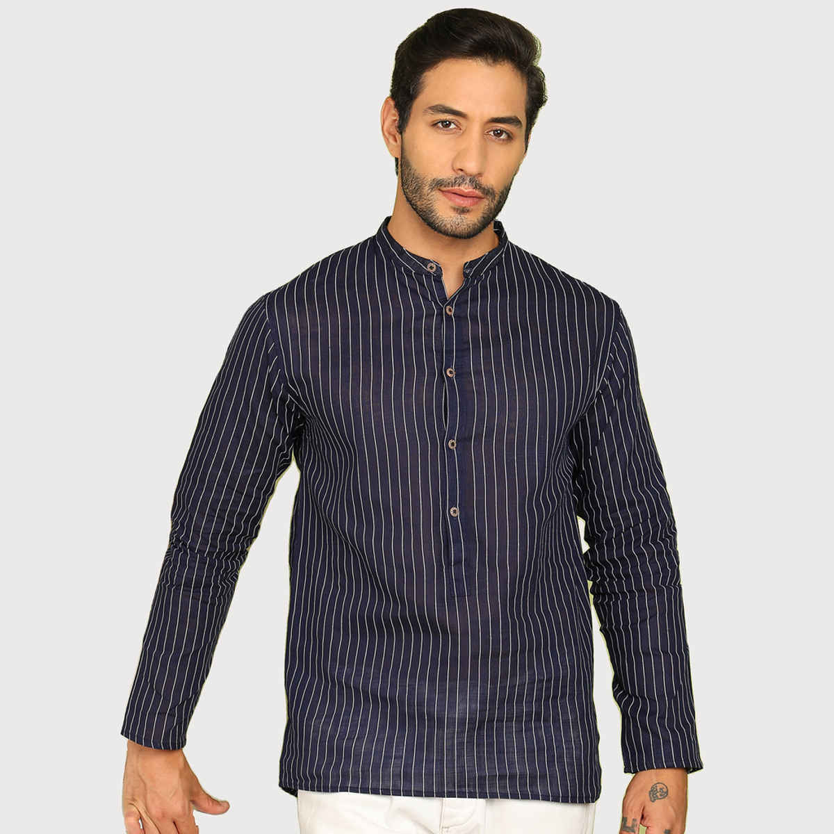 Allan Peter Men's Printed Short Kurta | Blue - L