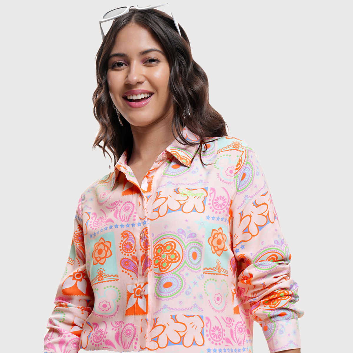 Tokyo Talkies Women's Mickey Printed Long Sleeve Regular Shirt | Peach Multi - S