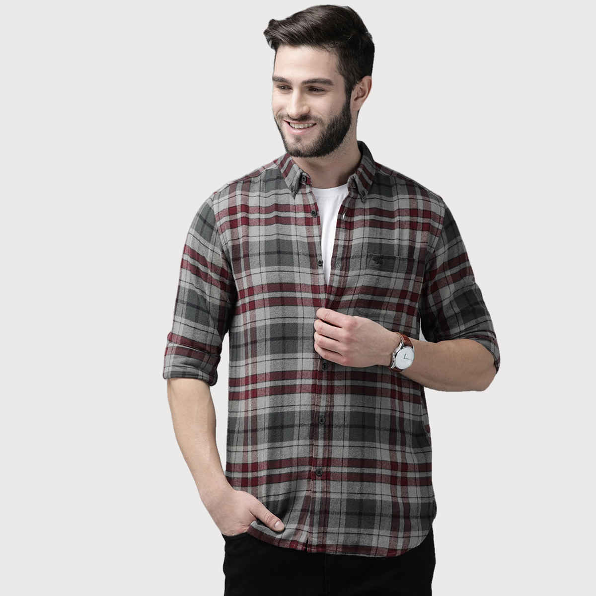 The Bear House Men Slim Fit Checked Cotton Casual Shirt - Kamet | Grey | L
