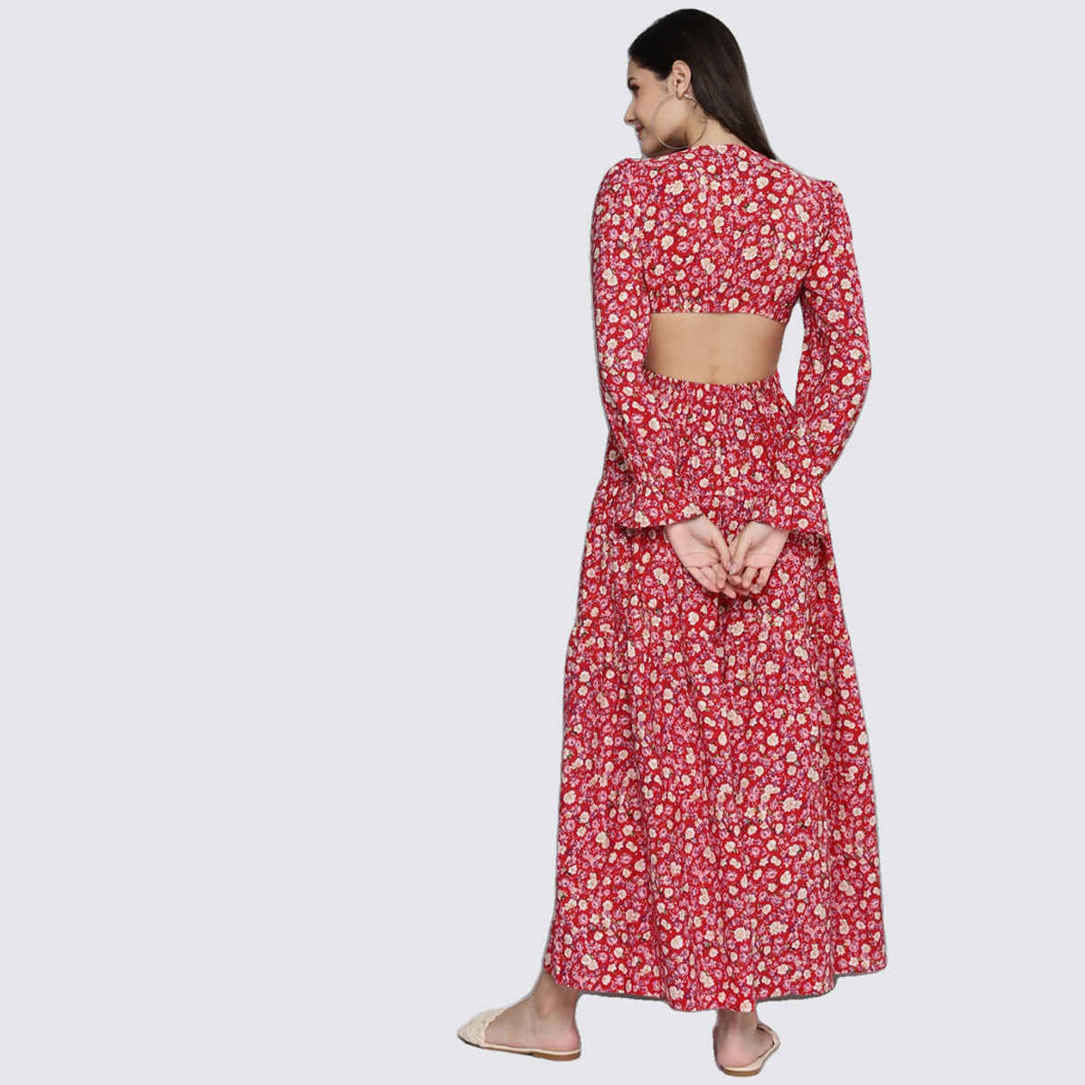 SASSAFRAS Women's Ditsy Floral Waist Cut-Out Maxi Dress | Red - L