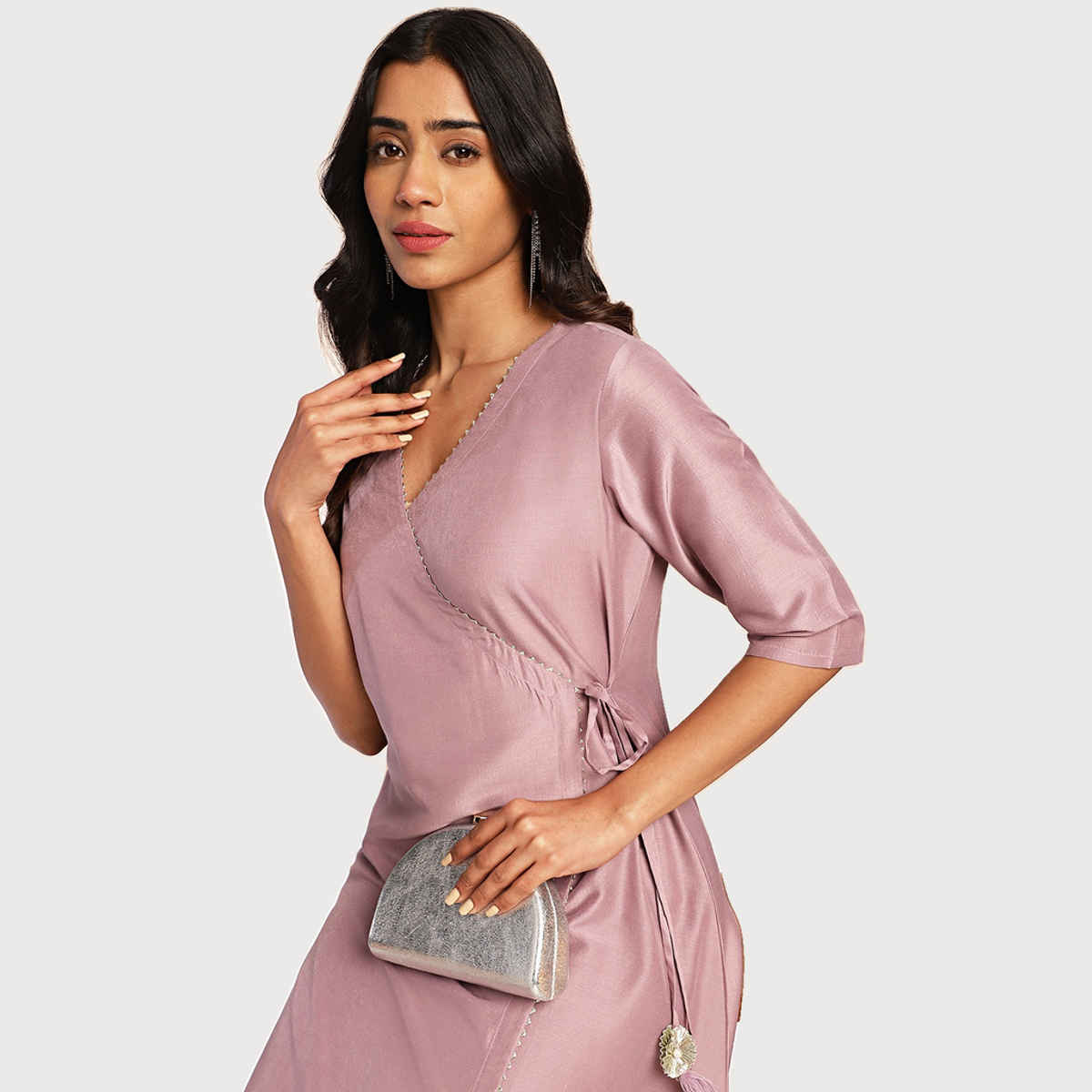 Janasya Women's Lavender Silk Blend Solid Wrap Kurta Set | XL