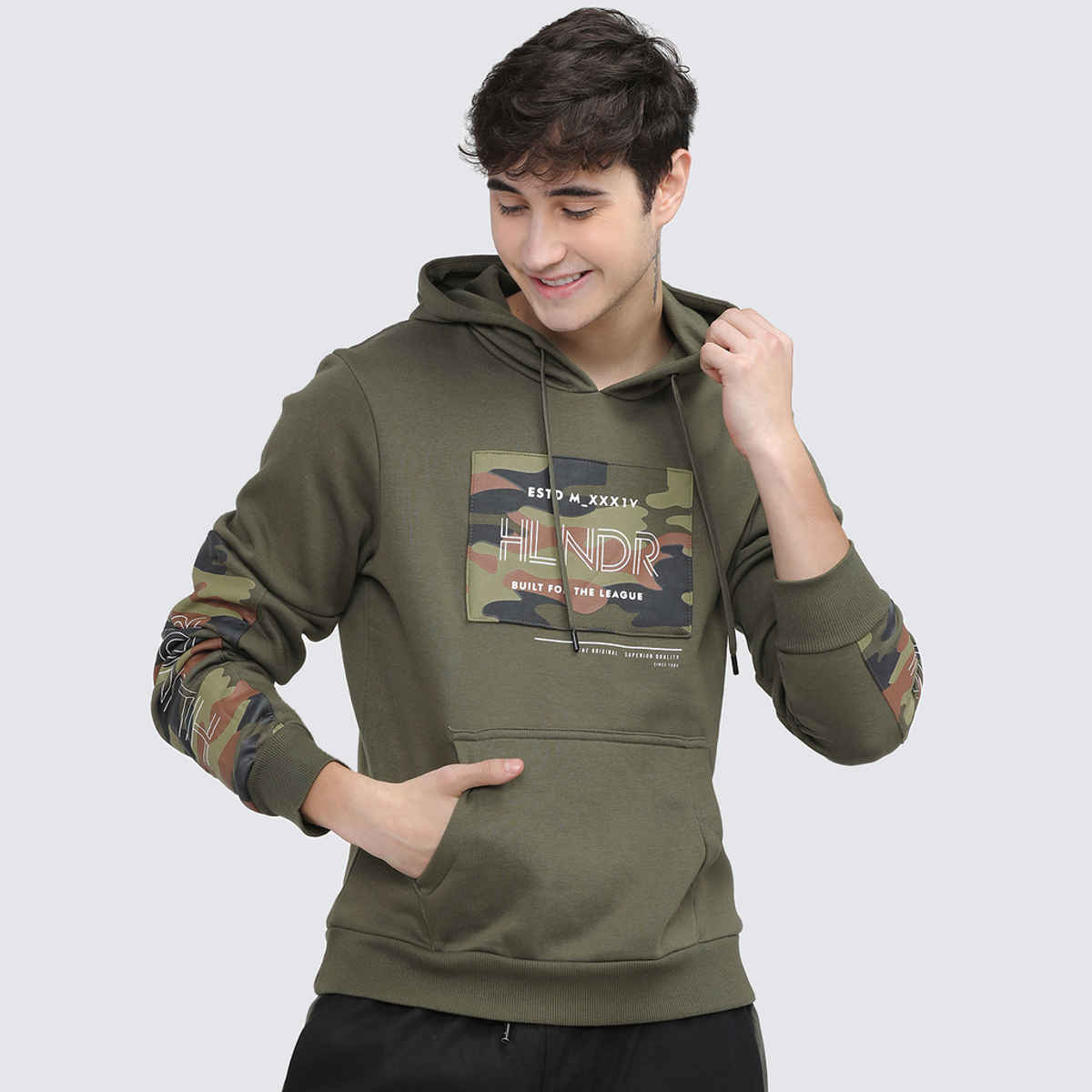 HIGHLANDER Men's Hooded Sweatshirt | Olive Green and White Camouflage - S