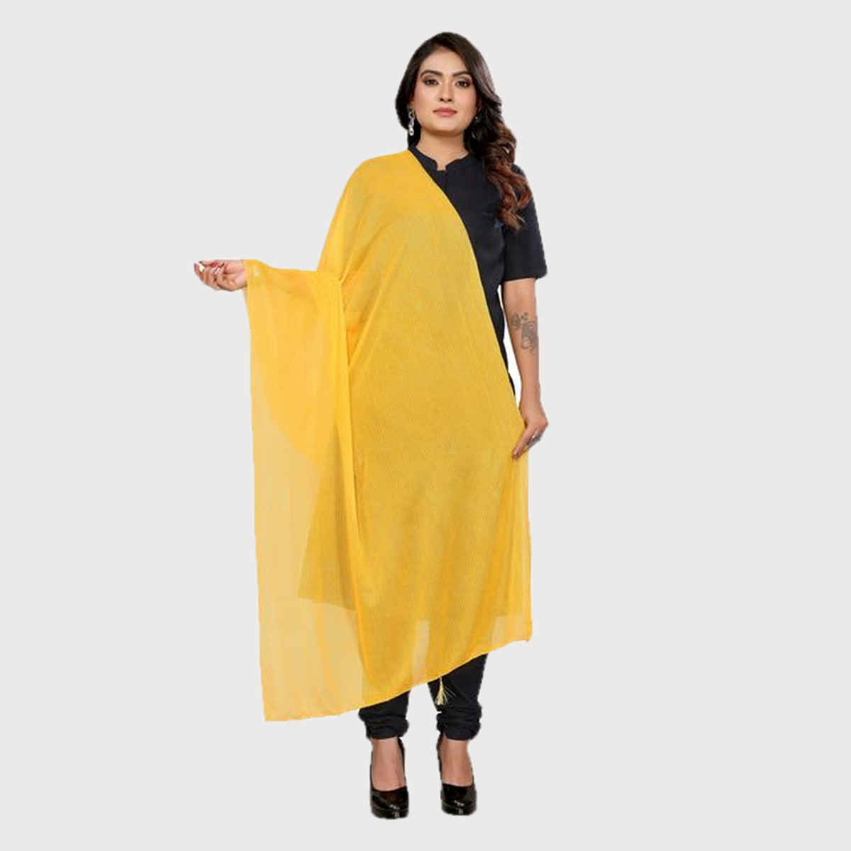 FABFLICK Lycra Made Plain Solid Women's Dupatta With Tassels | Yellow
