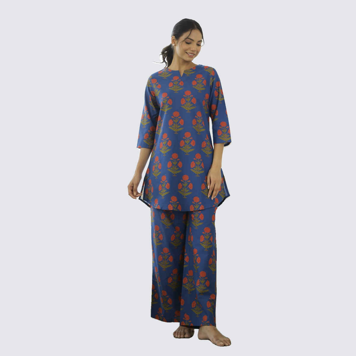 Sanskrutihomes Floral Printed Pure Cotton Night Suit | Blue - L