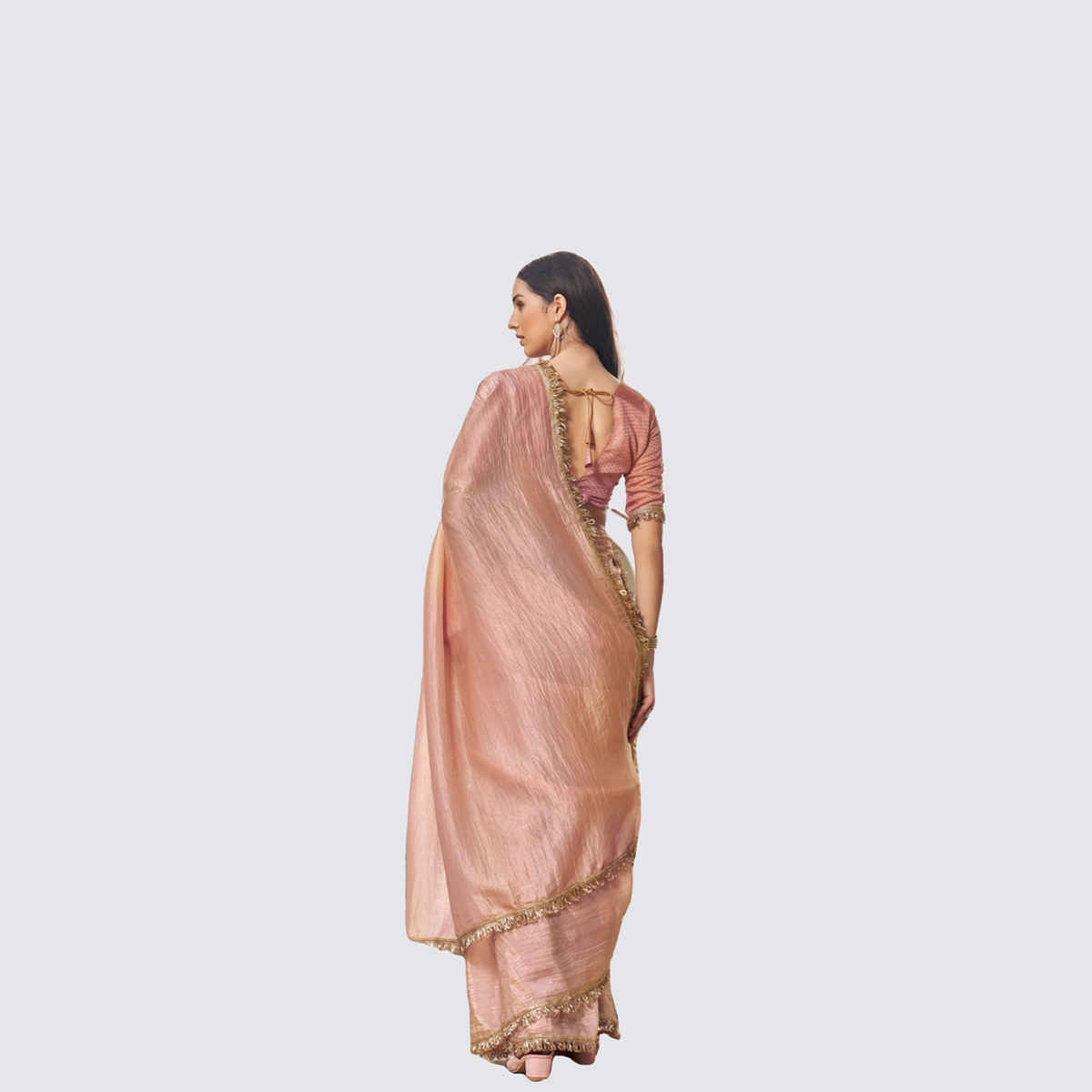 Tikhi Imli Women's Crushed Organza Saree With Unstitched Blouse | Peach