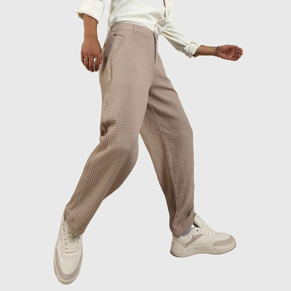 Campus Sutra Men's Textured Graph Check Trousers | Beige - 32