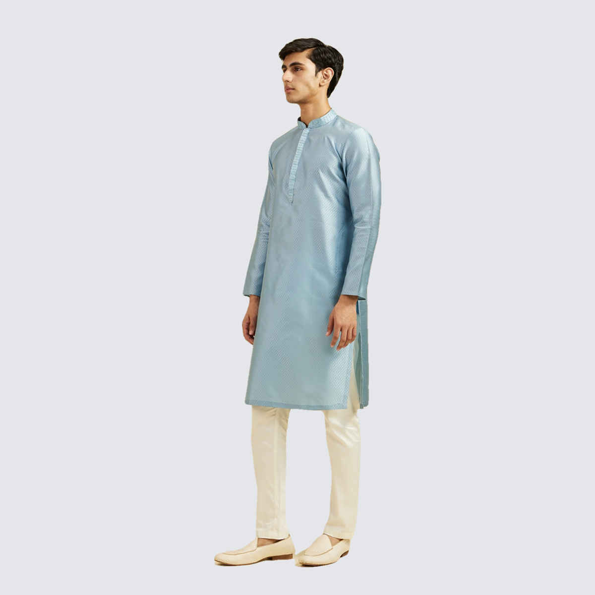 Diwas By Mayavar Men's Lattice Patterned Kurta with Embroidered Neckline | Greyish Blue - 2XL