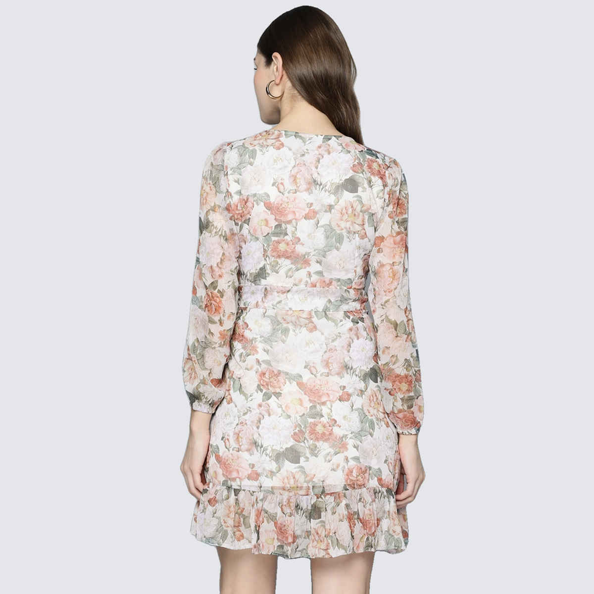 SASSAFRAS Women's Floral Chiffon Frill Hem Dress | Beige - S