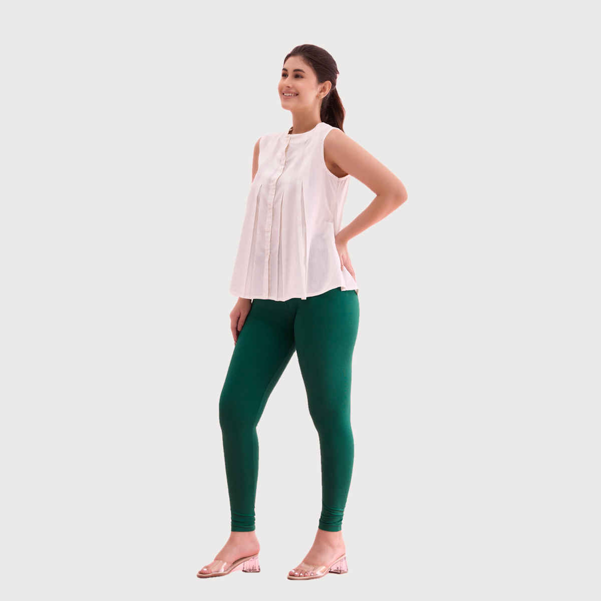 Go Colors Women's Solid Mid Rise Ankle Length Leggings | Bottle Green - L