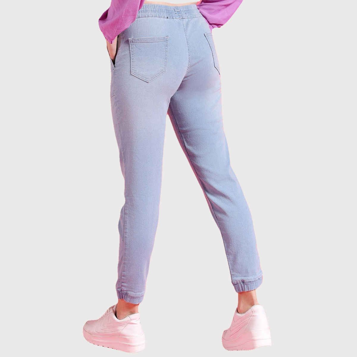 Freehand Women's Mid-Rise Light Washed Joggers With Elasticated Drawstring At Waist | Blue - 30