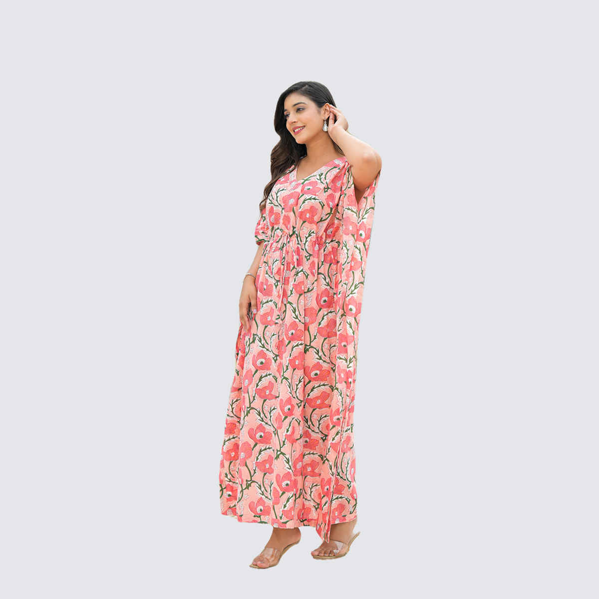 Divena Women's Floral Cotton Kaftan Dress | DK2227 | Pink - L