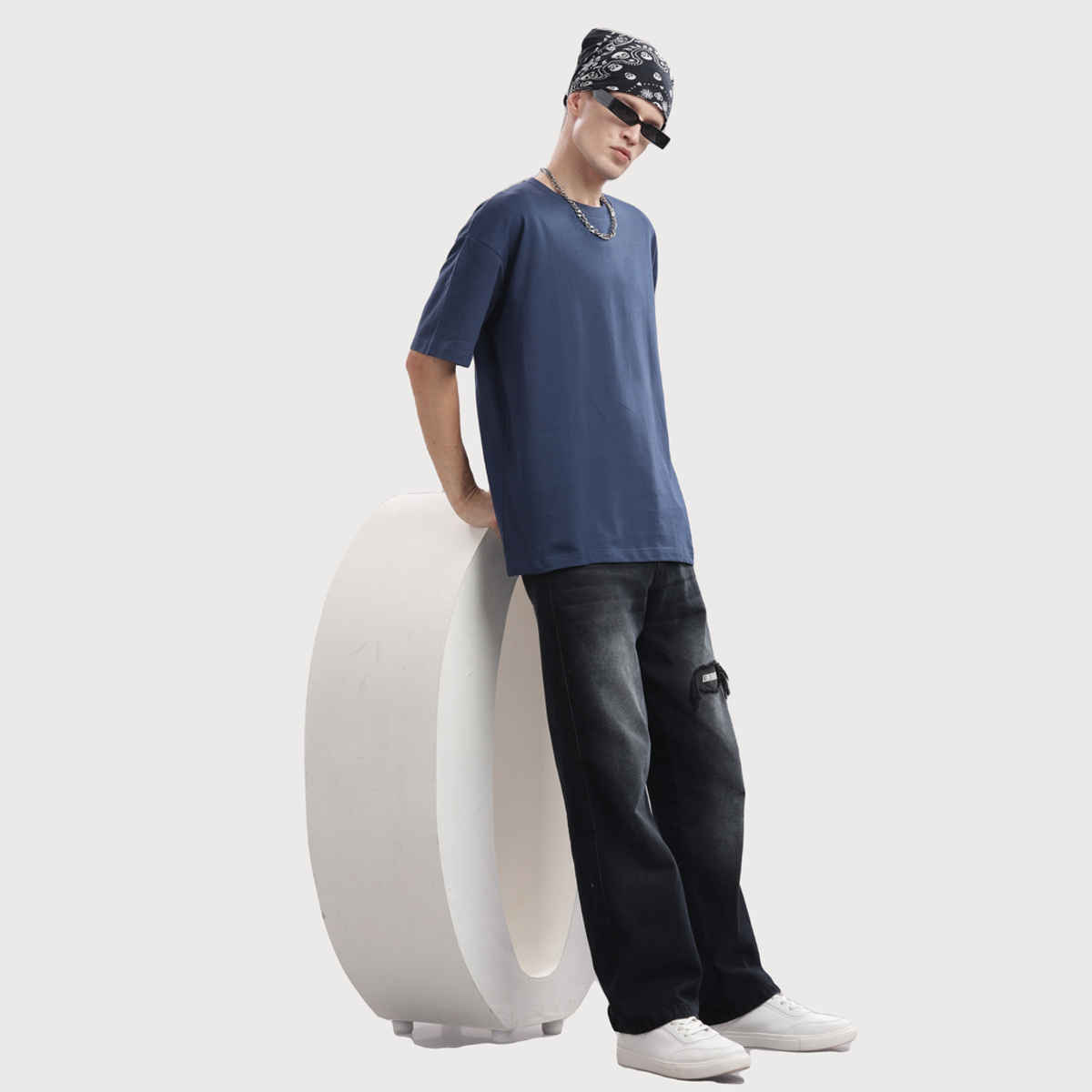 OUTLAWS Men's 100% Cotton Oversized T-Shirt | Half Sleeves | Round Neck | Dark Blue - M