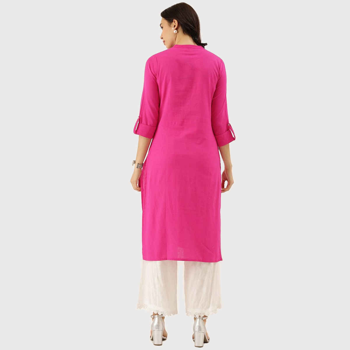 Divena Women's Pink Solid Straight Roll up Sleeve Kurti DK0563 | M