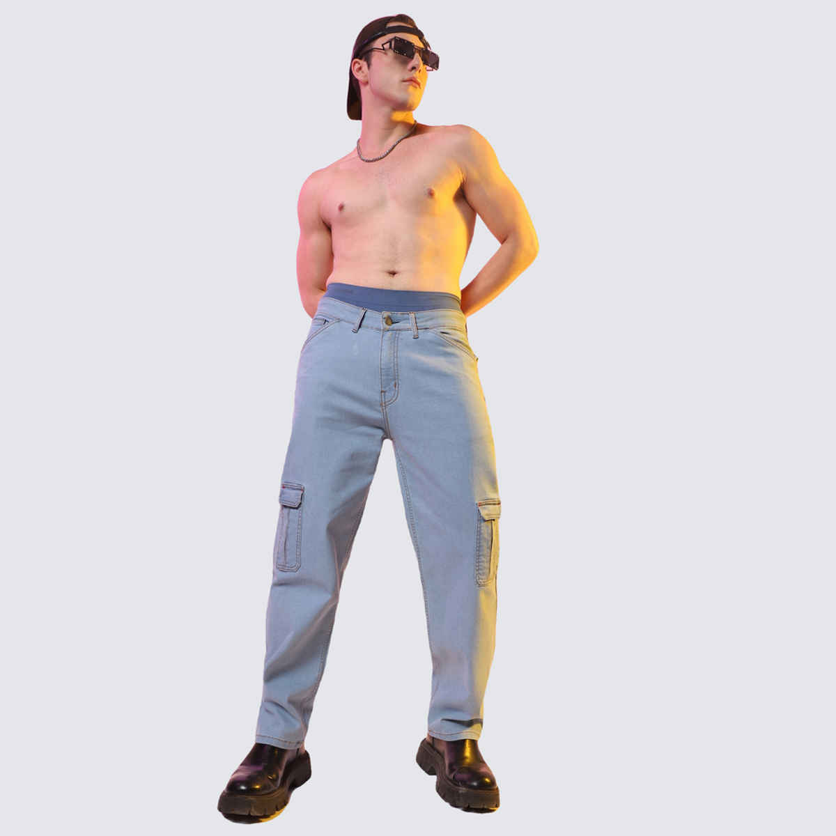 Campus Sutra Men's Straight Cargo Denim Jeans | Blue - 36