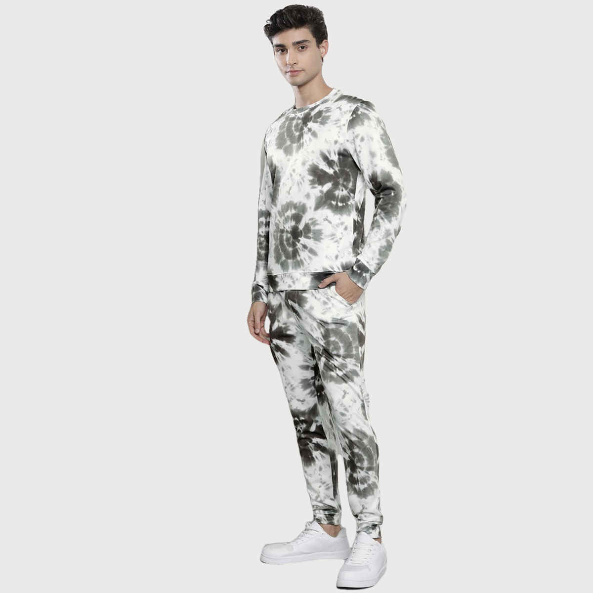 The Indian Garage Co Men | Regular Fit Tie N Dye Casual Crew Neck Sweatshirt & Jogger | Dark Grey|XL