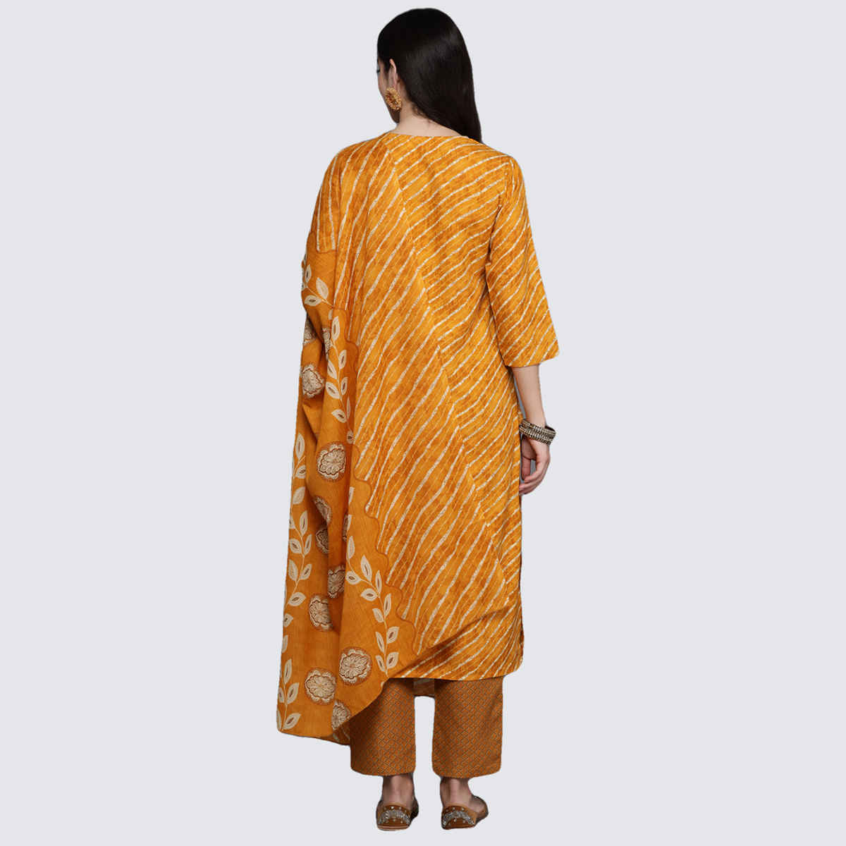 INDO ERA Women's Printed Straight Kurta Trousers with Dupatta Set | Mustard - XL