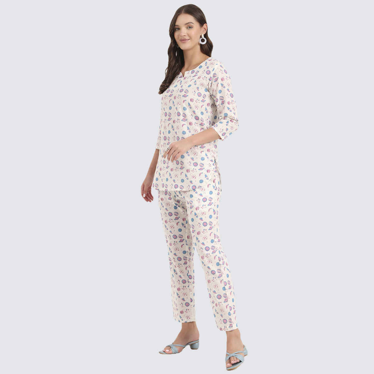 Divena Women's Cotton Floral Printed Night Suits | DK0285 | White - M