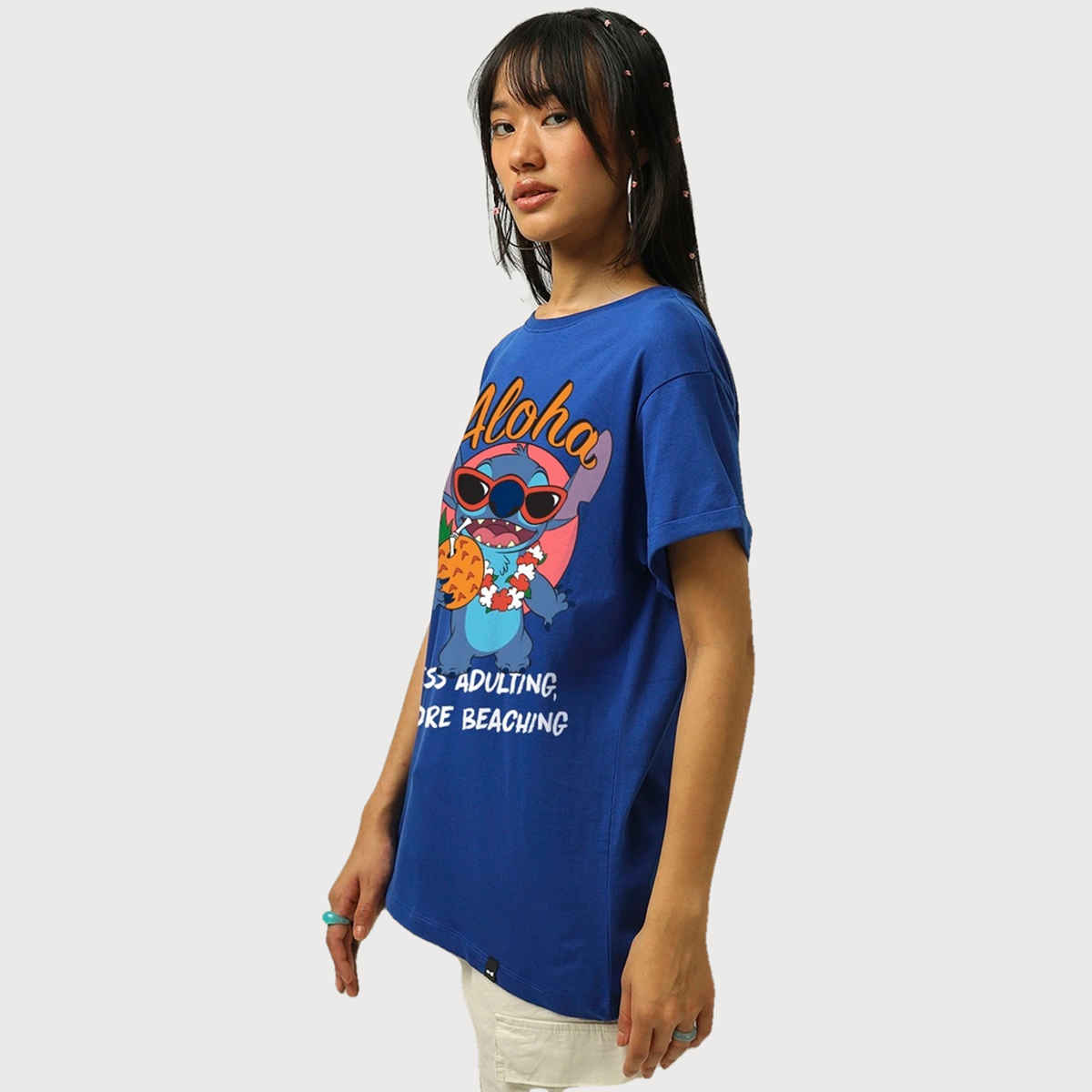 Bewakoof Women's Official Disney Lilo & Stitch Graphic Printed Boyfriend T-shirt | Blue - L